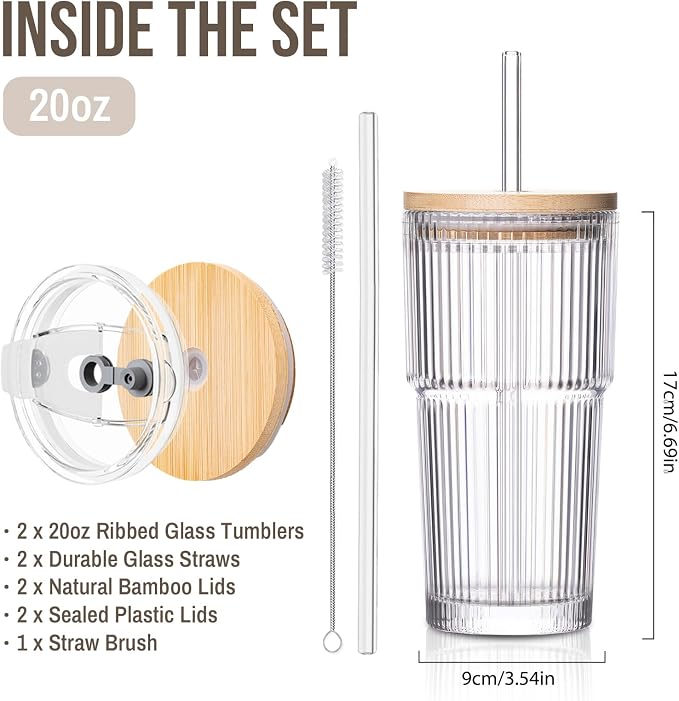 SoulTimes 20oz Ribbed Glass Tumbler with Bamboo Lid and Straw – Iced Coffee Glasses Cups for Smoothie, Matcha, Juice, Water etc. Leakproof and Reusable Glassware Drinking for Travel To Go 【2 Pack】 - Image 3