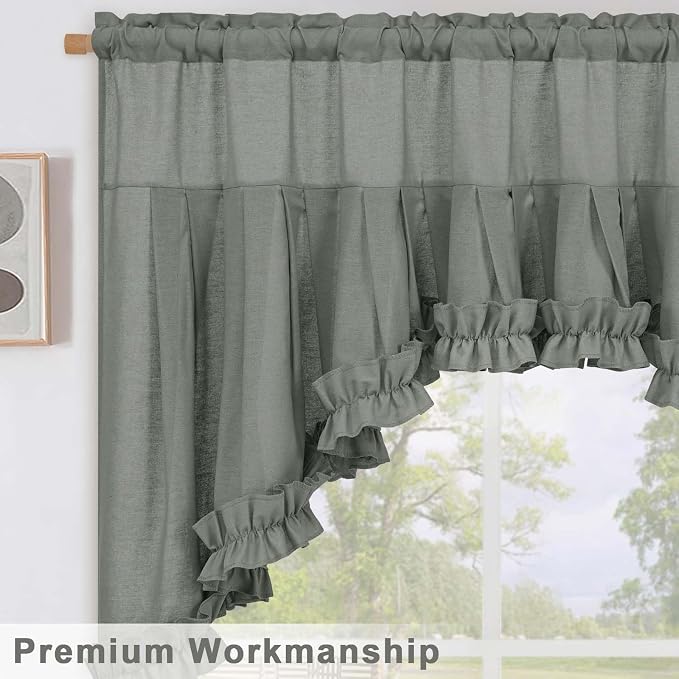Likiyol Linen Valances for Windows Farmhouse Ruffle Swag Valance Rustic Country Window Valances Light Filtering Kitchen Curtains Rod Pocket Valance Curtains for Bathroom Cafe, Grey, 60" W x 36" L - Image 6