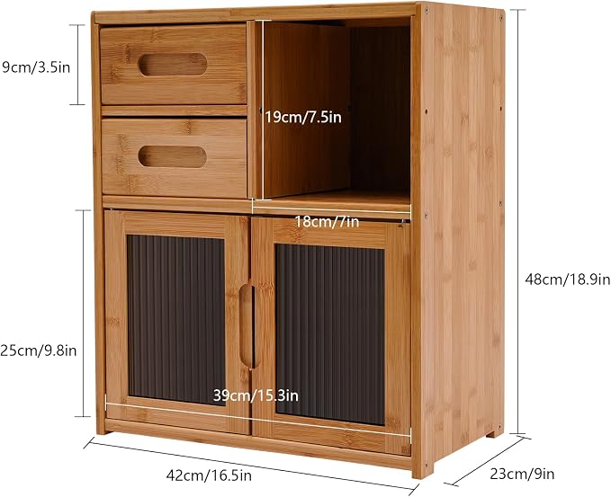 Storage Cabinet with Drawers and Doors, 22 lbs Load Capacity Bamboo Pantry Cabinet, Freestanding Microwave Cupboard with Visual Windows, Magnetic Closure Organizer for Kitchen Living Room Dining - Image 3