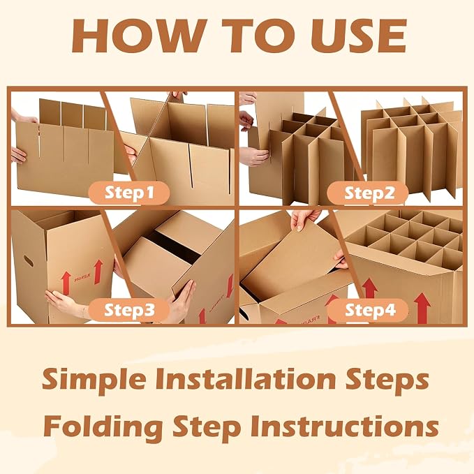 4 Sets Wine Boxes for Moving, 16 x 12 x 12 Inch Wine Bottle Moving Boxes with Reinforced Cardboard and Handles, Corrugated Boxes with Fragile Labels for Glassware, Moving, Packaging, Storage - Image 4