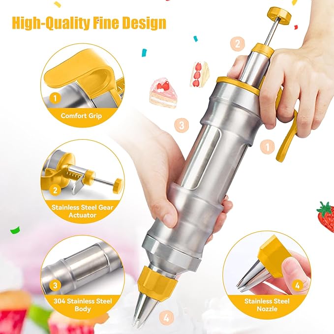 Dessert Decorating Syringe Set, Yellow Icing Decoration Set Stainless Steel Cupcake Injector/Decorating Icing Set with 6 Nozzle, 3 Scrapers, 2 Brushes for Baking Biscuit Cake Decoration (Yellow)