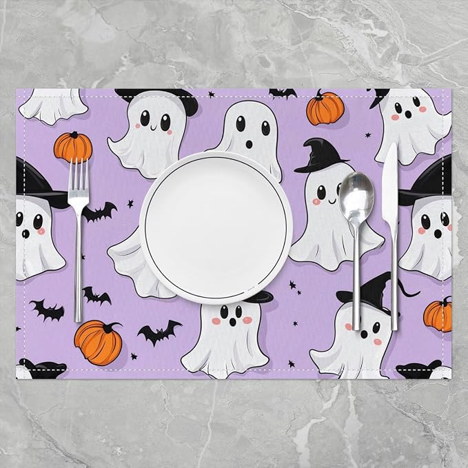 Feelyou Happy Halloween Placemats Set of 4 Cute Ghost Pumpkin Table Mats for Party Kitchen Dining Decoration Holiday Seasonal Purple White Place Mat for Dinner Table Indoor Outdoor 18"x12" Bats - Image 2