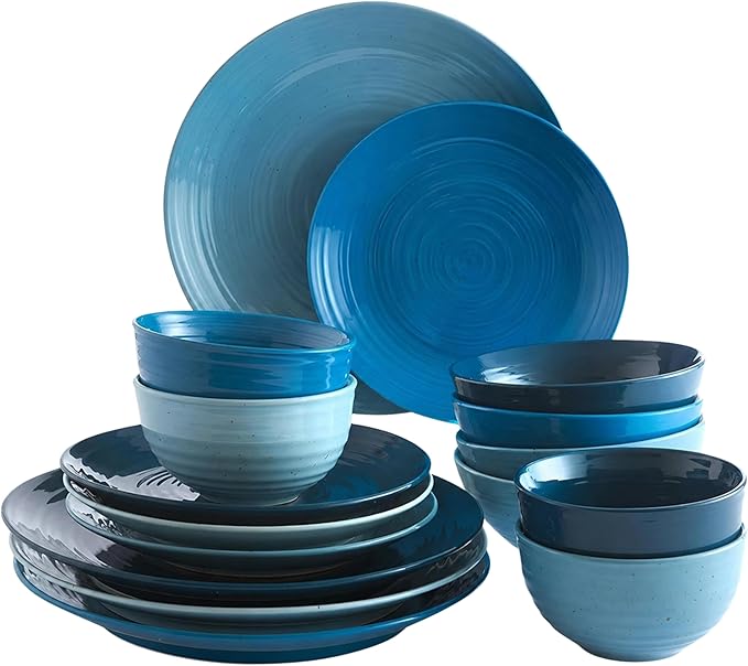 Sango Siterra Artist's Blend 16-Piece Stoneware Dinnerware Set – Service for 4, Ocean Blue Glossy Glaze with Unique Speckled Design, for Everyday Dining & Entertainment, Microwave & Dishwasher Safe by Sango