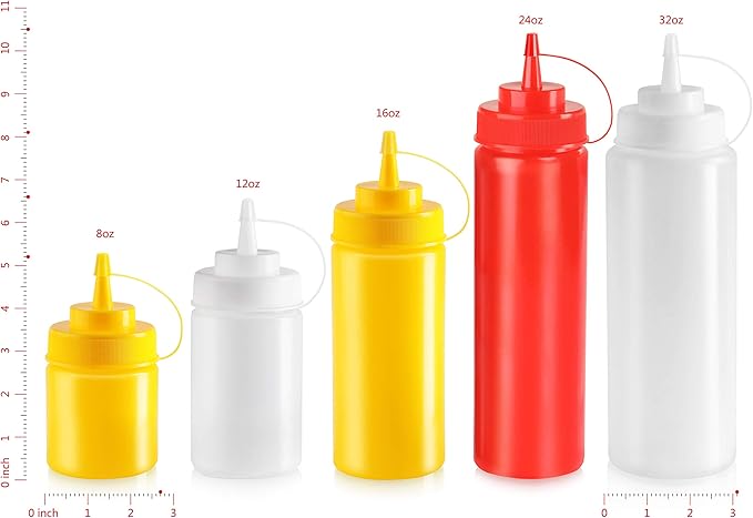 New Star Foodservice Squeeze Bottles, Plastic, Wide Mouth, 32 oz, Clear, Pack of 6