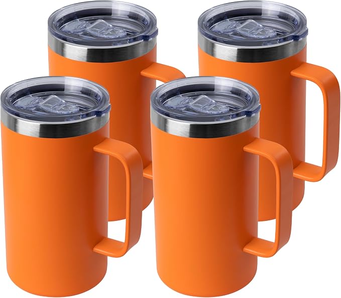DOMICARE 24oz Mug with Handle and Lid, Stainless Steel Coffee Mug, Travel Mug with Handle, Double Wall Vacuum Coffee Tumbler, Reusable Insulated Cup, Orange, Pack 4 by VisittheDOMICARE