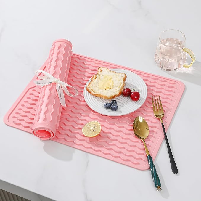 2 Pack Caketime Silicone Dish Drying Mat for Kitchen Counter Cooking Baking Liners Drawer Storage Refrigerator Espresso Machine Station Utensil Holder Washer Trivets Oven Tools 15"x11.5" Pink - Image 2