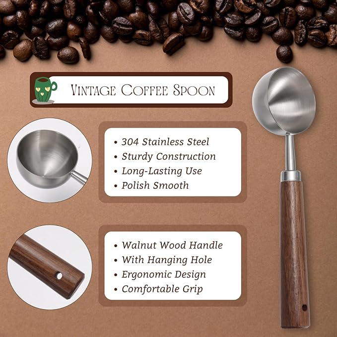 Vintage Coffee Scoop 10g/30ml Capacity Retro 304 Stainless Steel Coffee Measuring Spoon Walnut Wooden Handle Coffee Scoop Kitchen Utensil for Measuring Scooping Tea Coffee Spices (Long Handle)