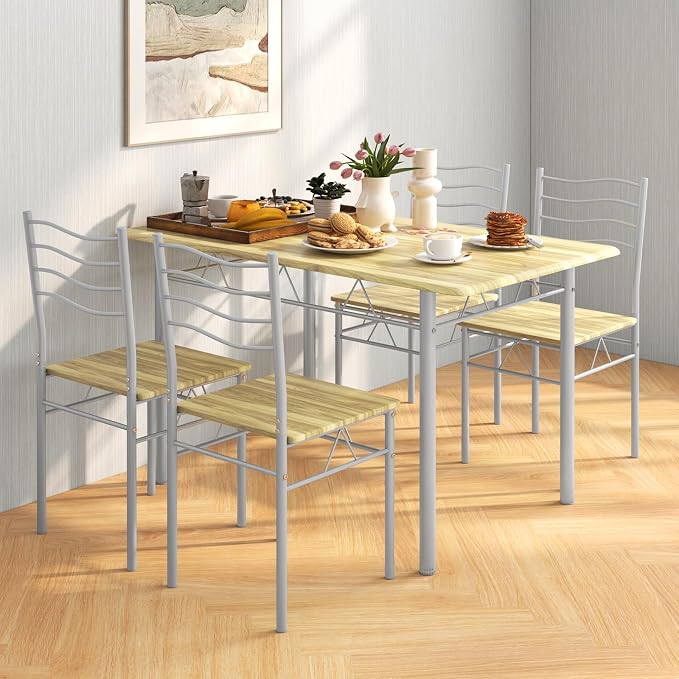 Giantex 47-inches Dining Table Set for 4, Rectangular Kitchen Table with 4 Dining Chairs, Metal Frame, 5-Piece Space-Saving Dinette Set for Small Space, Dinner, Breakfast Nook, Apartment, Natural - Image 4