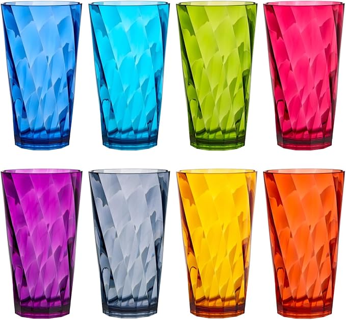 US Acrylic Optix Plastic Reusable Drinking Glasses (Set of 8) 20oz Water Cups in Jewel Tone Colors | BPA-Free Tumblers, Made in USA | Top-Rack Dishwasher Safe by USAcrylic