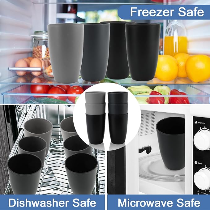 20 OZ Wheat Straw Cups Set of 6, Unbreakable Water Cup, Alternative to Plastic Cups Reusable, Plastic Glasses Drinking, Microwave Safe Tumbler Cups for Kitchen, Dorm, RV (BlackGrey) - Image 5