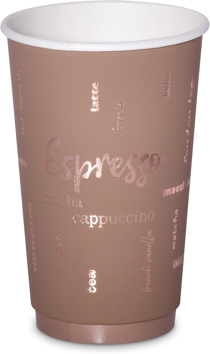 16oz Premium Disposable Coffee Cups, Double-Wall Insulated Paper Cups with Flip-Top Lids, No Sleeves Needed, To-Go Cups for Coffee, Tea, Hot Chocolate, Events, Rose Gold Print (Brown, 60ct)