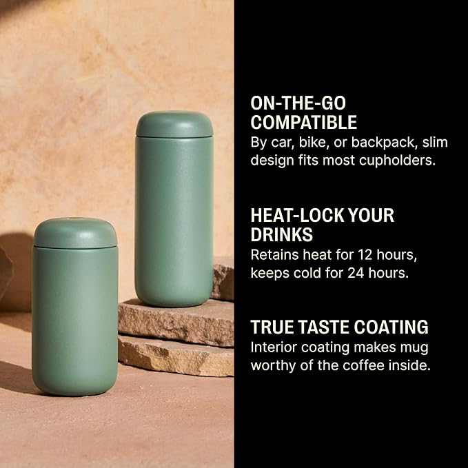 Fellow Carter Move Ceramic Lined Travel Coffee Mug 16 oz - Leak-Proof Lid | No Metallic Taste, Dishwasher Safe, Hot 12Hr Cold 24Hr, Stainless Steel Tumbler, BPA-Free, Fits Cup Holders, Smoke Green - Image 2