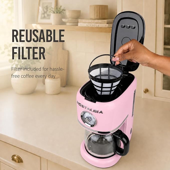 Nostalgia Classic Retro 10 Cup Coffee Maker - One-Touch Drip Brew, Reusable Filter - Anti-Drip, Auto Shutoff, & Time Display - Dishwasher Safe 50 oz Carafe - Pink - Image 7