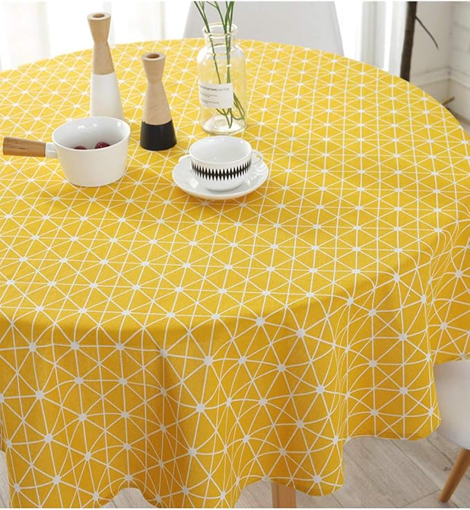 meioro Yellow Boho Table Cloth Round Cotton Linen Nordic Twill Tablecloths Wrinkle Free Fabric Checkerboard Stripe Table Cloths Rustic Cover for Kitchen Dining Party Outdoor Picnic(Round 39 Inch) - Image 4
