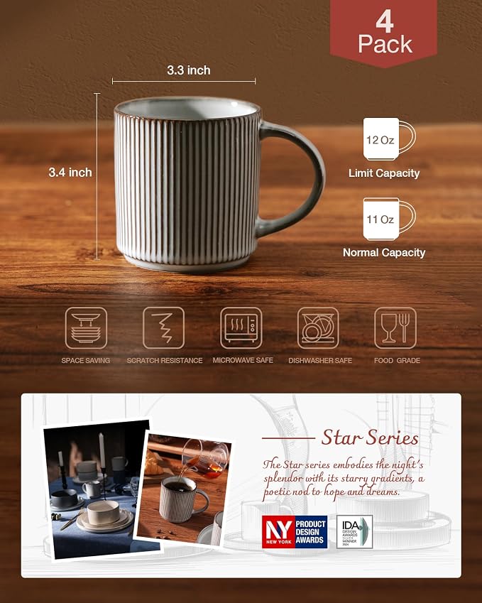 famiware Coffee Mug Set for 4, Star 12 oz Catering Mugs Cup Set with Handle for Coffee, Tea, Cocoa, Milk - Ceramic Stoneware Drinkware Set, Smoky Blue - Image 4