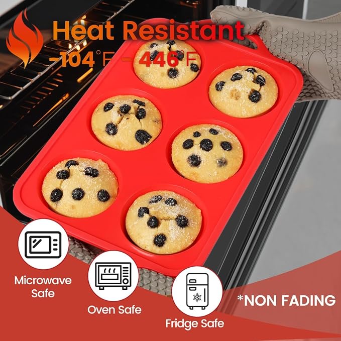 CAKETIME Jumbo Muffin Pan, 3.5 Inch Large Muffin Pan with Metal Reinforced Frame 6 Cup Silicone Jumbo Cupcake Pans for Baking Easy to Handle 2 Pack Red - Image 7