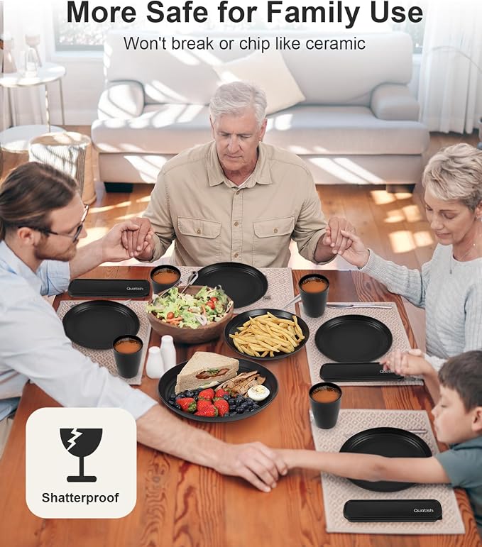 Quatish 24 Piece Plates and Bowls Sets for 6, Unbreakable Dinnerware Sets, Dish Set for Camping, Dishwasher Microwave Safe, Outdoor Kitchen and Apartment Dorm Dinning RV Essentials, Black - Image 5