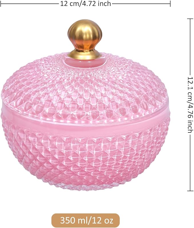 Joeyan 12 oz Small Pink Glass Jewelry Box Jars with Lid,Embossed Glass Candy Dishes,Diamond Faceted Food Container,Decorative Apothecary Canisters,Colored Kitchen Bathroom Buffet Storage Organizer - Image 7