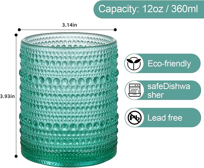 ZMOWIPDL Drinking Glasses Set of 6,12oz Lake Blue Hobnail Glass Cups | Vintage Glassware，Embossed Water Tumbler,for Beer,Cocktail,Whiskey,Juice and Various Mixed Drinks- 1 Cleaning Brush - Image 2