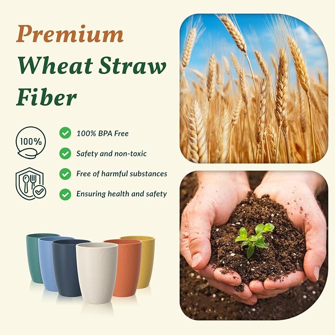 Homienly Wheat Straw Cups Unbreakable Plastic Cups Reusable Drinking Cups for Kitchen, Camping, Picnic, RV, Microwave & Dishwasher Safe Tumblers 16 oz Cups for Kids, Water, Juice, Set of 6 (Multi) - Image 4