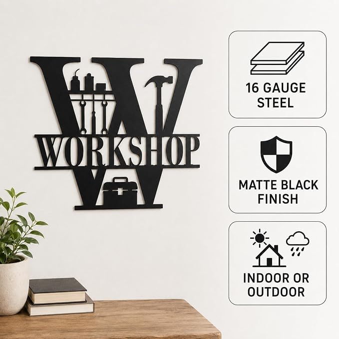 Workshop Metal Wall Decor, Garage and Tool Room Sign, 14 Inch | 14-inch matte black metal workshop sign with pre-drilled holes for garages, tool rooms, sheds, studios, and workspaces. - Image 5