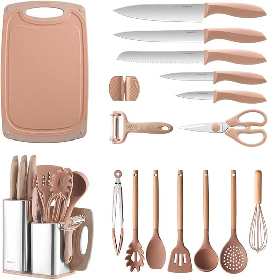RAXCO Utensil Sets,18-Piece Silicone Cooking Utensils and Knife Set,Mousse | Dishwasher-Safe Kitchen Utensils,Large Capacity Countertop Organizer for Knives,Utensils,Cutting Board by RAXCO