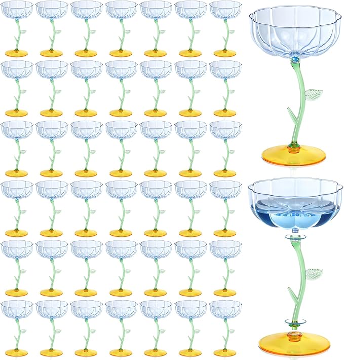 48 Pcs Blue Plastic Ribbed Coupe Glasses Detachable 7oz Flower Cocktail Glasses Modern Wavy Plastic Cocktail Coupes Disposable Martini Glasses Mimosa Glassware champagne goblets (48, Blue) by Unknown