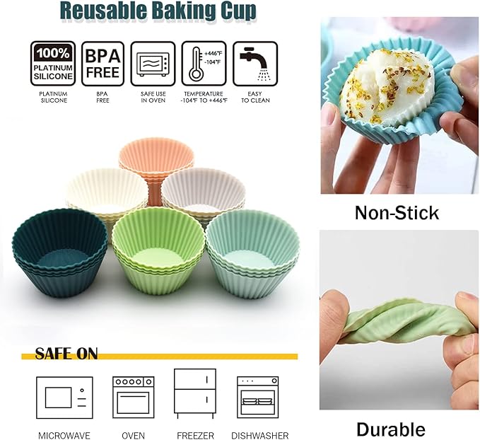 Reusable Silicone Cupcake Baking Cups 24 Pack, 2.75 inch Silicone Baking Cups, Non-stick Muffin Cupcake Liners for Party Halloween Christmas, Easy Clean Pastry Muffin Molds（Multicolor）
