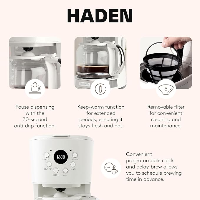 HADEN Coffee Machine, 12 Cup Programmable Drip Coffee Maker | with Auto Shut-Off Function and Reusable Washable Water Filter, Ivory & Chrome - Image 3