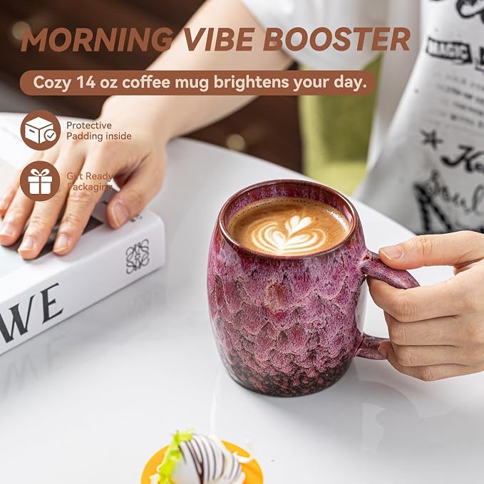 Roseate Nebula Ceramic Coffee Mug - 14 oz Unique Reactive Glaze Coffee Cup with Artful Handle, Barrel Cute Mug for Women Men Home Office Gift Box - Image 5
