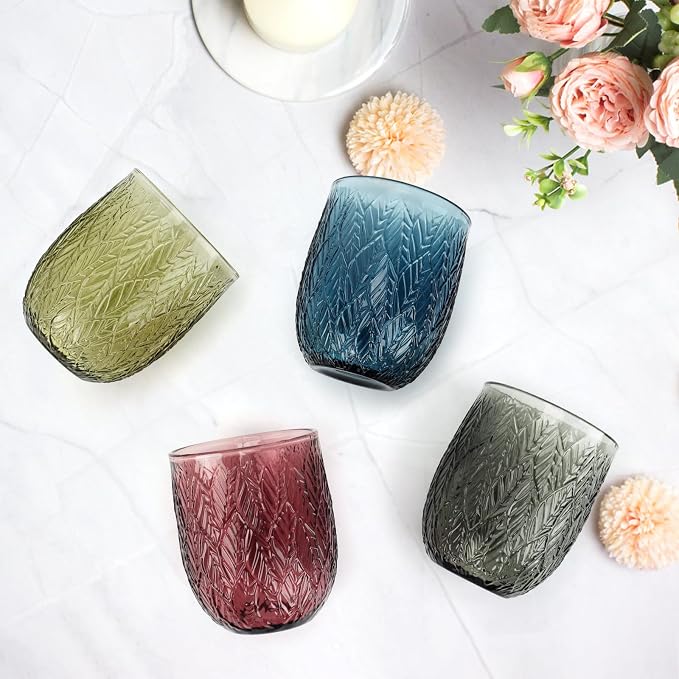 Topsky Vintage Drinking Glass Set of 4,12 oz Embossed Willow Leaf Drinkware Set,Colorful Drinking Glasses Cups Wine Glasses Colored Glassware for Whisky,Beer,Juice,Cocktail,Heavy Duty - Image 2