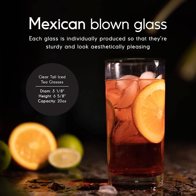 Clear 20 oz Tall Iced Tea Glasses (set of 6), Hand Blown Mexican Glassware, Recycled Glass Drinking Glasses, Lead-Free, Cocktail Margarita Glasses, Wine Glasses, Shot Glasses, Whiskey Glasses (IceTea) - Image 2
