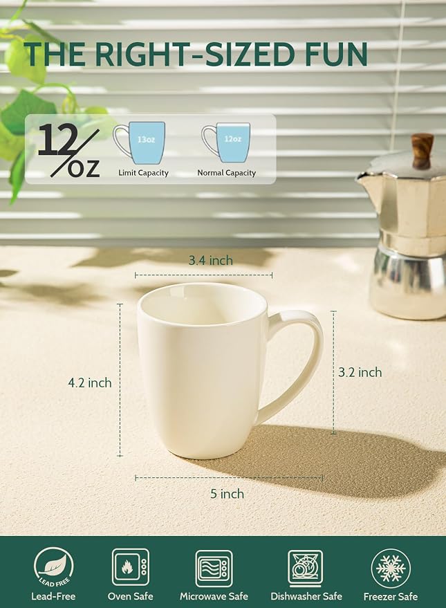 Sweese Porcelain White Coffee Mugs - 12 Ounce - Set of 6, Coffee Cups for Latte, Hot Tea, Cappuccino, Mocha, Cocoa, Festival Gift, Microwave Safe ﻿ - Image 6