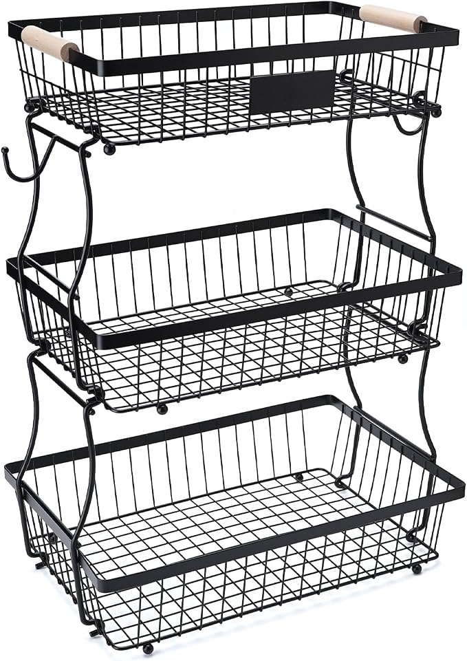3 Tier Fruit Basket with 2 Banana Hangers, Mesh Basket Fruits Stand Produce Holder Organizer for Onion Potato Bread Snack Veggie Black by Lawhood-Mijin