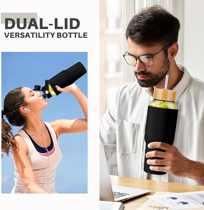 PROBTTL 40 oz Glass Tumbler with Handle - Sports Clear Borosilicate Glass Water Bottle with Straw, Silicone Sleeve, 2 Lids - Handle Spout & Bamboo Straw Lid, Fits Car Cup Holder, Leakproof(Black)