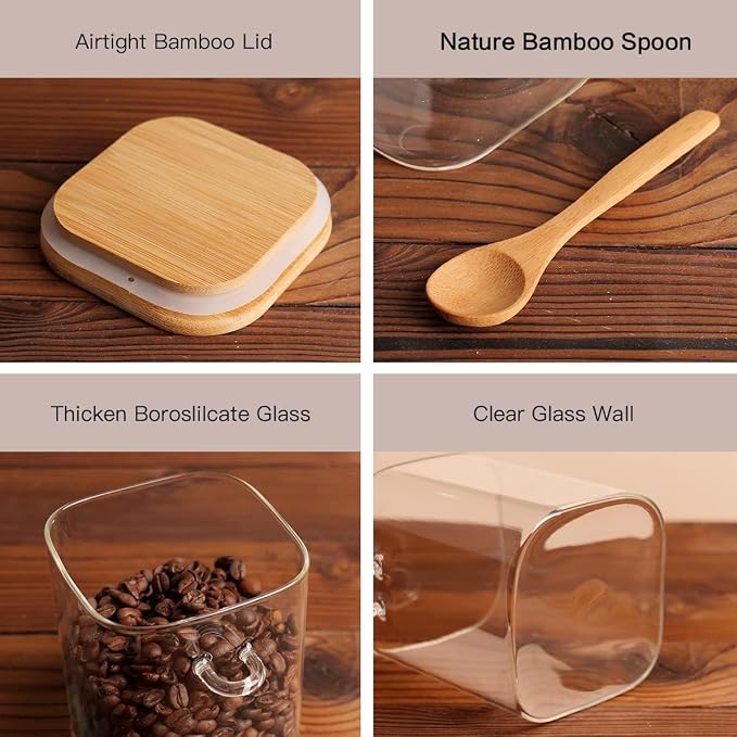 HHMJSM 6 Pcs Square Glass Jar with Bamboo Lid and Spoon - 27 oz Large Sugar Container with 148 Kitchen Pantry Spice Jar Labels Preprinted - Glass Containers with Wooden Lids Hold Coffee, Tea, Candy - Image 6