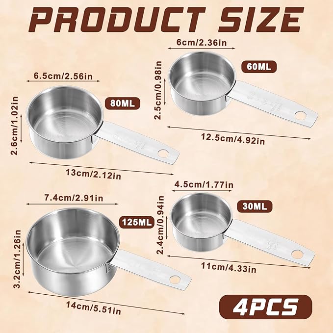 Stainless Steel Measuring Cups Set of 4, Kitchen Gadgets Stackable Metal Measuring Cup for Cooking Baking Dry Wet Ingredients and Liquid, Dishwasher Safe, Solid Flat Handle
