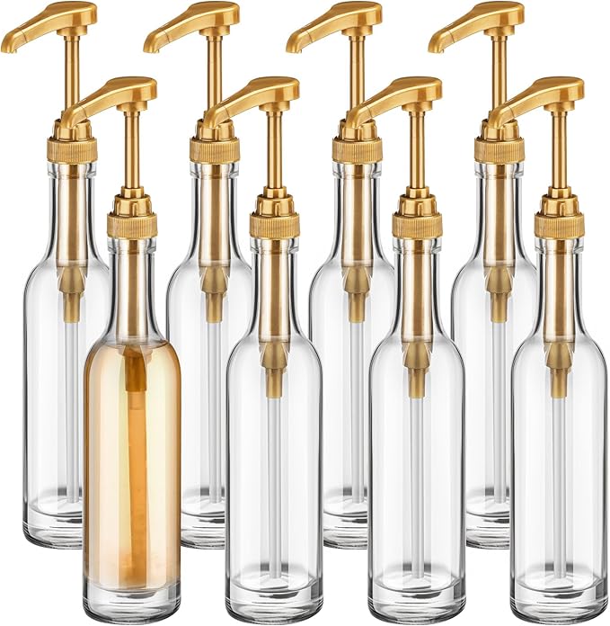 Baderke 8 Pack Glass Coffee Syrup Dispenser Bottles for Bar, 375ml Coffee Pump Dispenser, Glass Syrup Bottle with Pumps, Bar Accessories Clear Bottles(Gold)