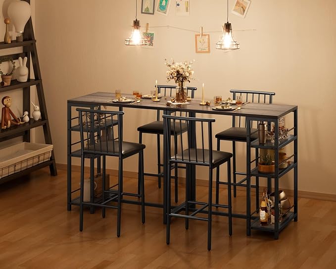Gizoon 3-Piece Bar Dining Table Set for 2, Kitchen Table w/Shelves Grey | Space-saving grey bar height table set with 3 storage shelves. Includes 2 high-density PU cushion chairs that tuck away. - Image 5