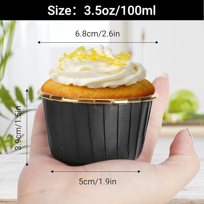 EUSOAR Baking Cups, 200pcs 3.5oz Aluminum Muffin Cupcake Liners Mini Cheesecakes Cups, Disposable Ramekins Foil Dessert Wrappers Paper Cupcake Liners Holder for Birthday Wedding Party-Black/Gold - Image 2