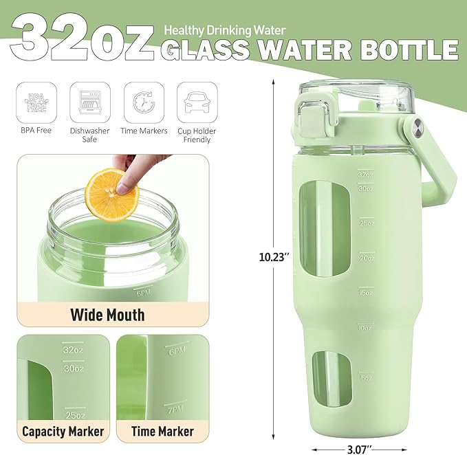 BLUEGO 32oz Glass Tumbler with Lid and Handle, Iced Coffee Cup with Straws, Glass Water Bottle with Silicone Sleeve and Volume, Marker Glass Cup with Time Marking, BPA Free, Green