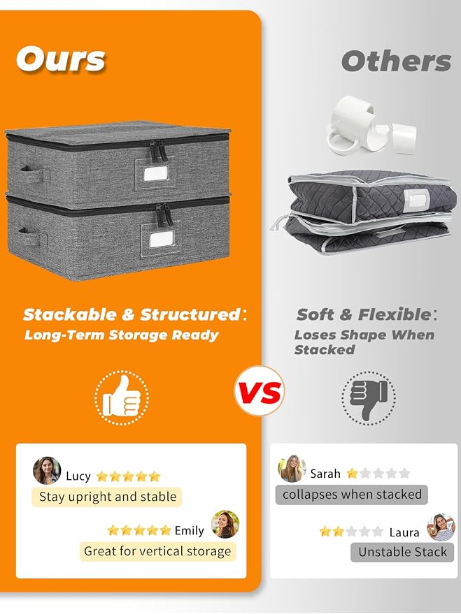 punemi Mug Storage Organizer, 2-Pack Hard Shell Boxes for Packing & Moving | Hard shell sides and bottom with padded dividers for a set of 12 mugs or tea cups; stackable for packing and moving - Image 2