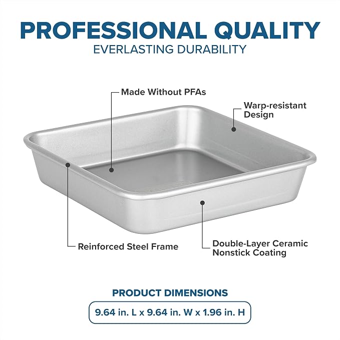 Viking Premium 9-Inch Nonstick Ceramic Square Cake Pan, Made without PFAS, Heavy Gauge Aluminized Steel Baking Pan with Reinforced Iron Frame, Even Heating Bakeware, Oven Safe to 475F, Silver - Image 4