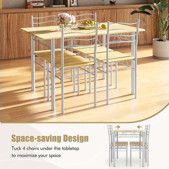 Giantex 47-inches Dining Table Set for 4, Rectangular Kitchen Table with 4 Dining Chairs, Metal Frame, 5-Piece Space-Saving Dinette Set for Small Space, Dinner, Breakfast Nook, Apartment, Natural - Image 2