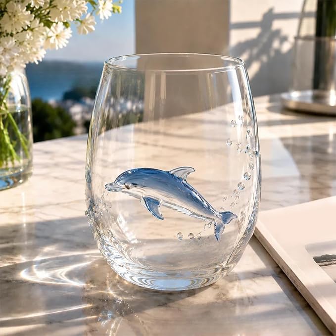 Ocean Themed Dolphin Hand-Blown Coastal Glassware | Ocean Themed Octopus Glassware Hand Blown Coastal Stemless Wine Glasses - Unique Coastal Decor Gift for Ocean Lovers - Image 3