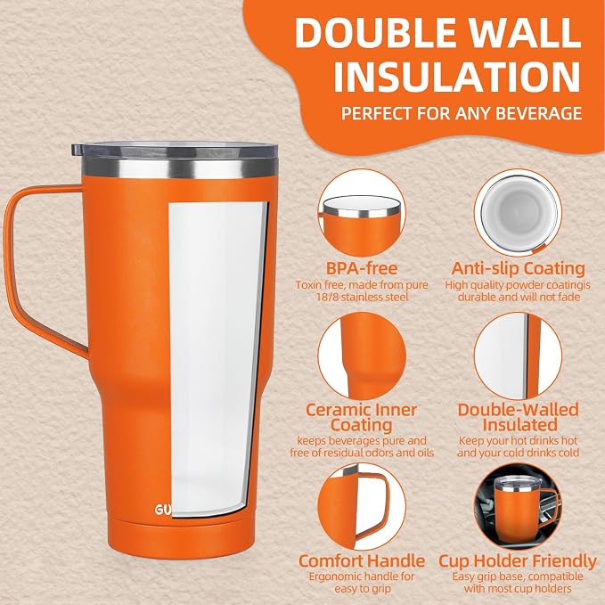 20 oz Insulated Coffee Mug with Ceramic Coating, Stainless Steel Travel Mug Tumbler with Handle Lid and Straw, Double Wall Leak-Proof Coffee Travel Mug Keeps Drink Hot and Cold (Orange) - Image 3