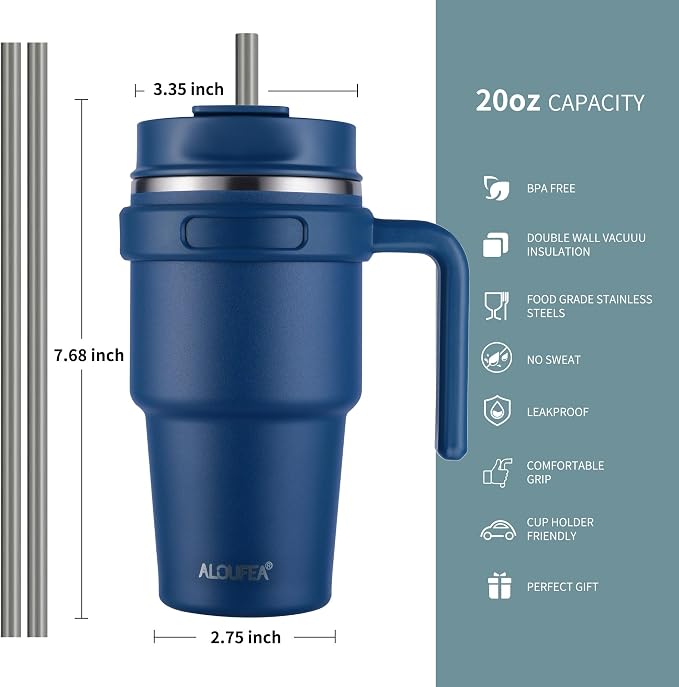 20 oz Insulated Travel Coffee Mug Tumbler with Handle and Straw | Leakproof Stainless Steel Coffee Cup with Lid, Double Wall Vacuum Ice Thermal Cup, Navy and Rose Gold - Image 2