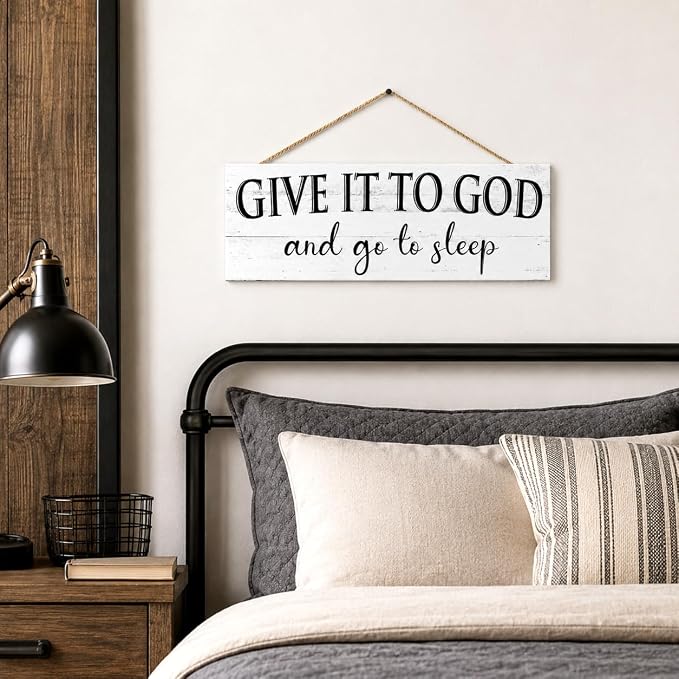 Give It to God and Go to Sleep Sign: Religious Wall Decor for Bedroom, Rustic Farmhouse Canvas Wall Art 6x14.5 Inches, Inspirational Quotes Hanging Plaque Above Bed, Christian Home Decor - Image 2