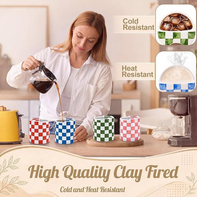 6 Pack Checkered Ceramic Coffee Mug with Sip Hole 10 oz Espresso Cup with Straws Retro Hand Painted Checkered Porcelain Coffee Tea Cup Cappuccino Latte Mug for Kitchen Dining Travel - Image 4