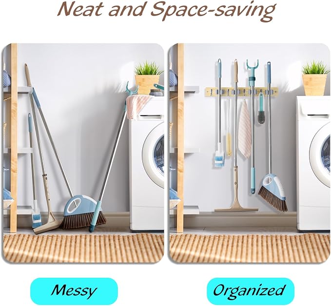 OUTNILI Mop and Broom Holder Wall Mount - Light Wood Broom Mop Hanger - Wall Mounted Garden Tool Rack Organizer for Closet Garage Laundry Room Kitchen With 4 Slots & 4 Hooks - Image 4
